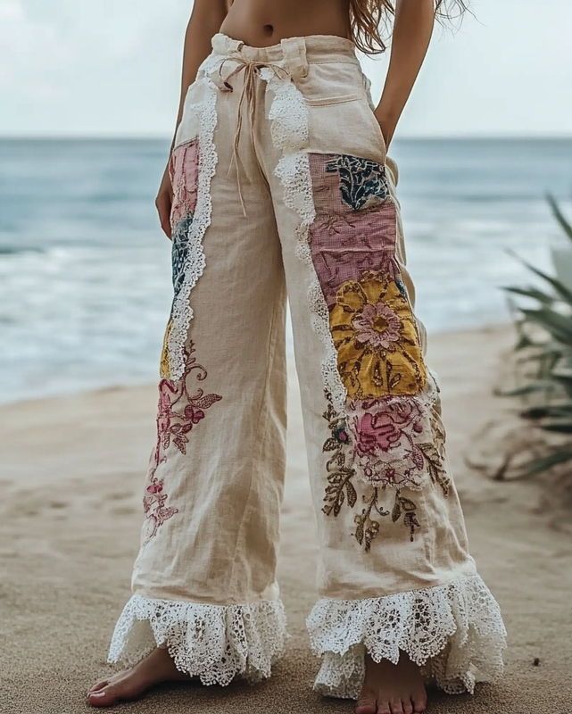 Summer Vacation Lace Handmade Floral Embroidery Pants a37c