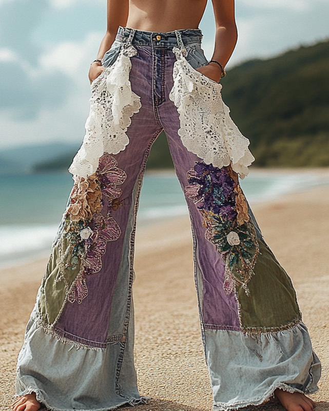 Summer Vacation Lace Handmade Floral Embroidery Pants 6fe9