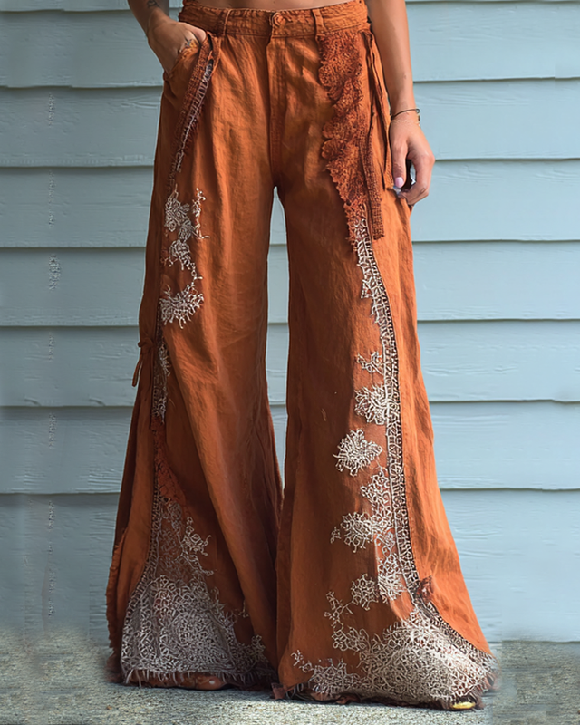 Summer Vacation Gradient Handmade Floral Embroidery Lace Ruffle Pants c840