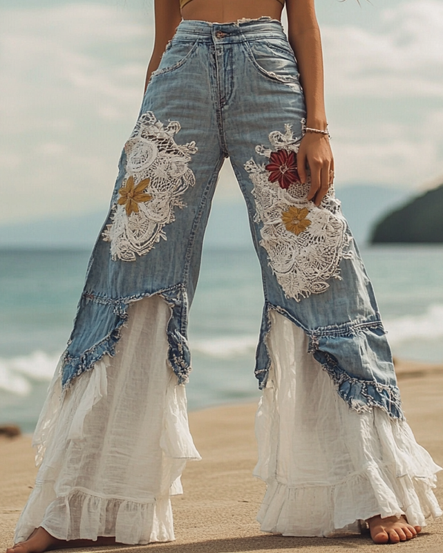 Summer Vacation Lace Handmade Floral Embroidery Pants 4096