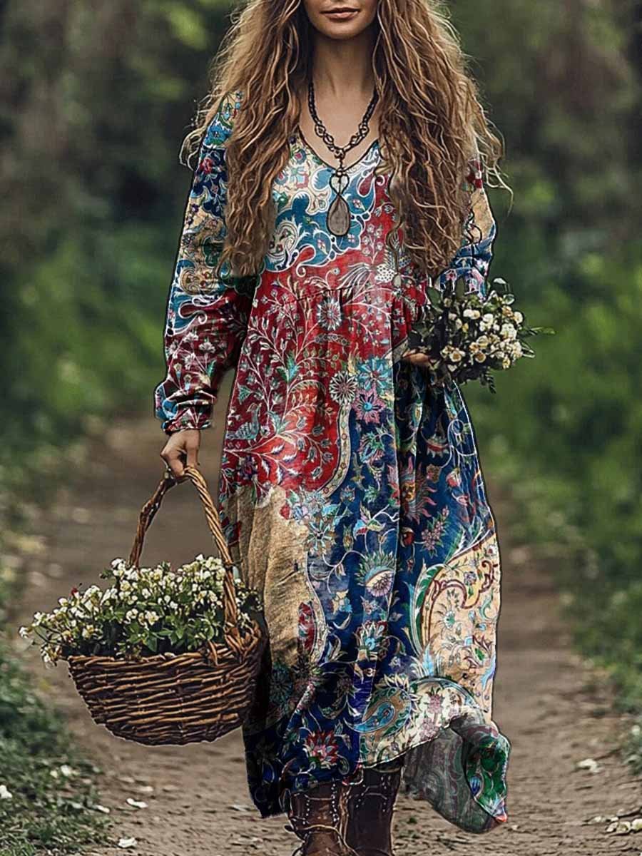 Women's Ethnic Color Blocked Floral Art Print V Neck Pocket Cotton Dress