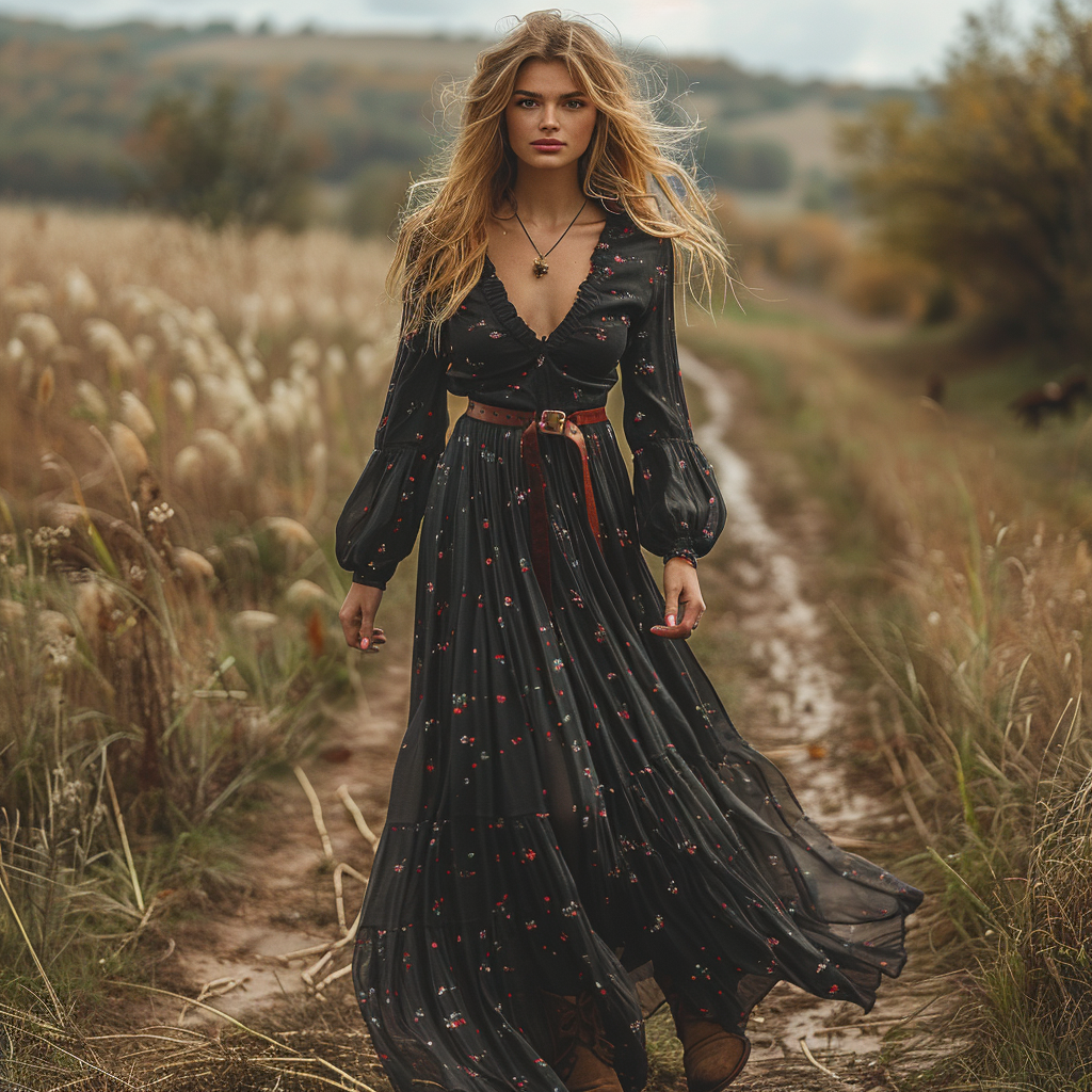 Women's Vintage Country Pastoral Linen Style Long-sleeve Maxi Long Dress