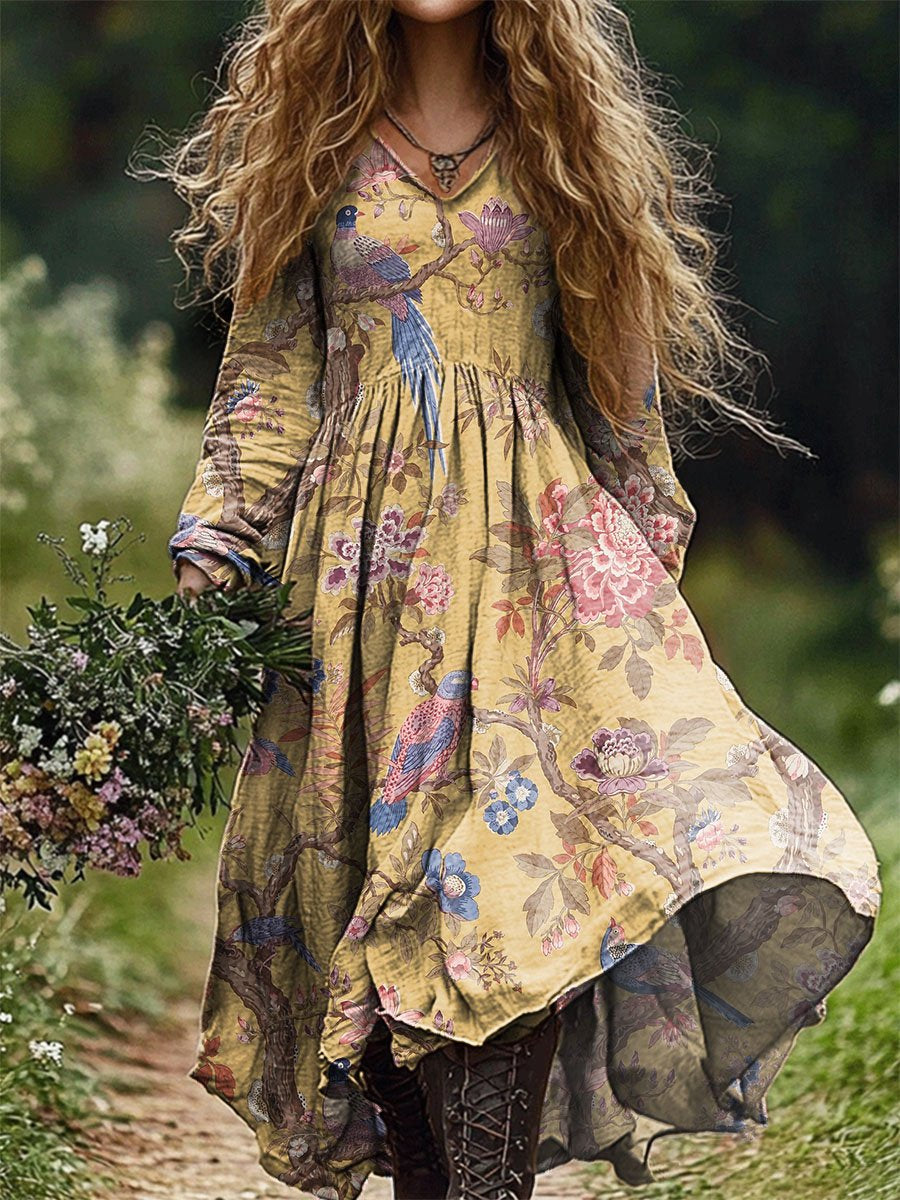 Women's Vintage Floral Art Print Pocket Cotton Dress