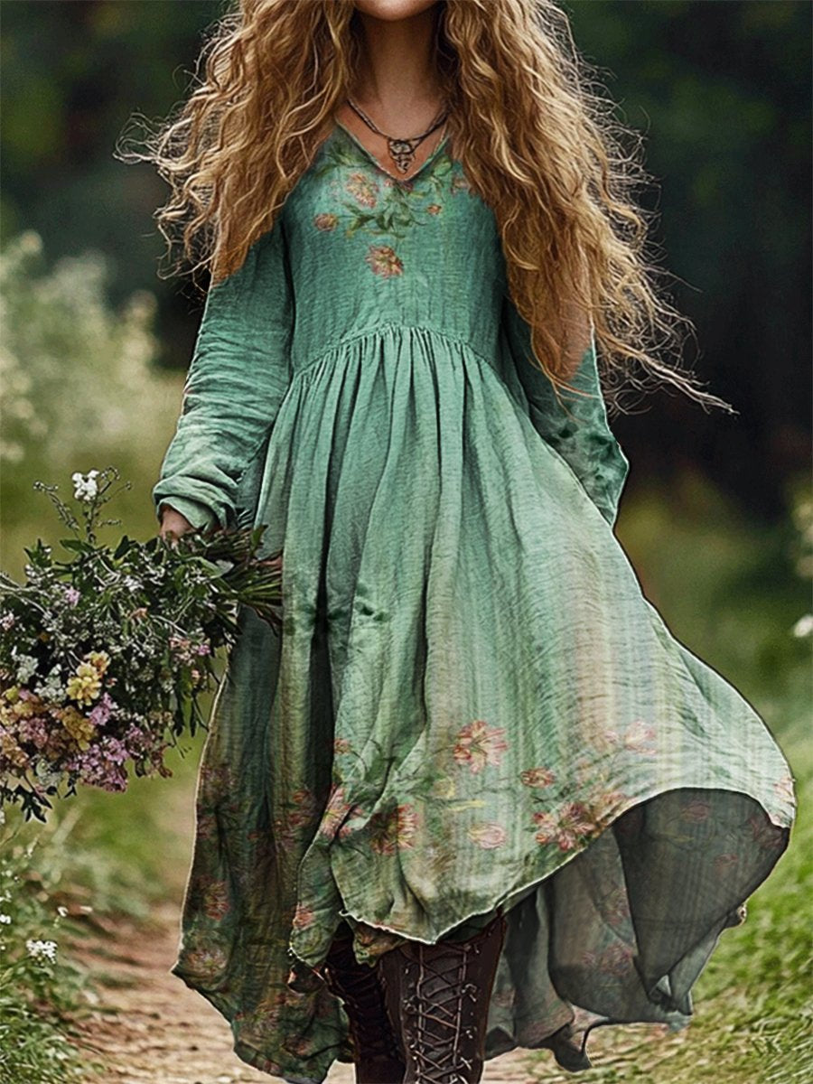 Women's Vintage Floral Print V Neck Pocket Cotton Dress