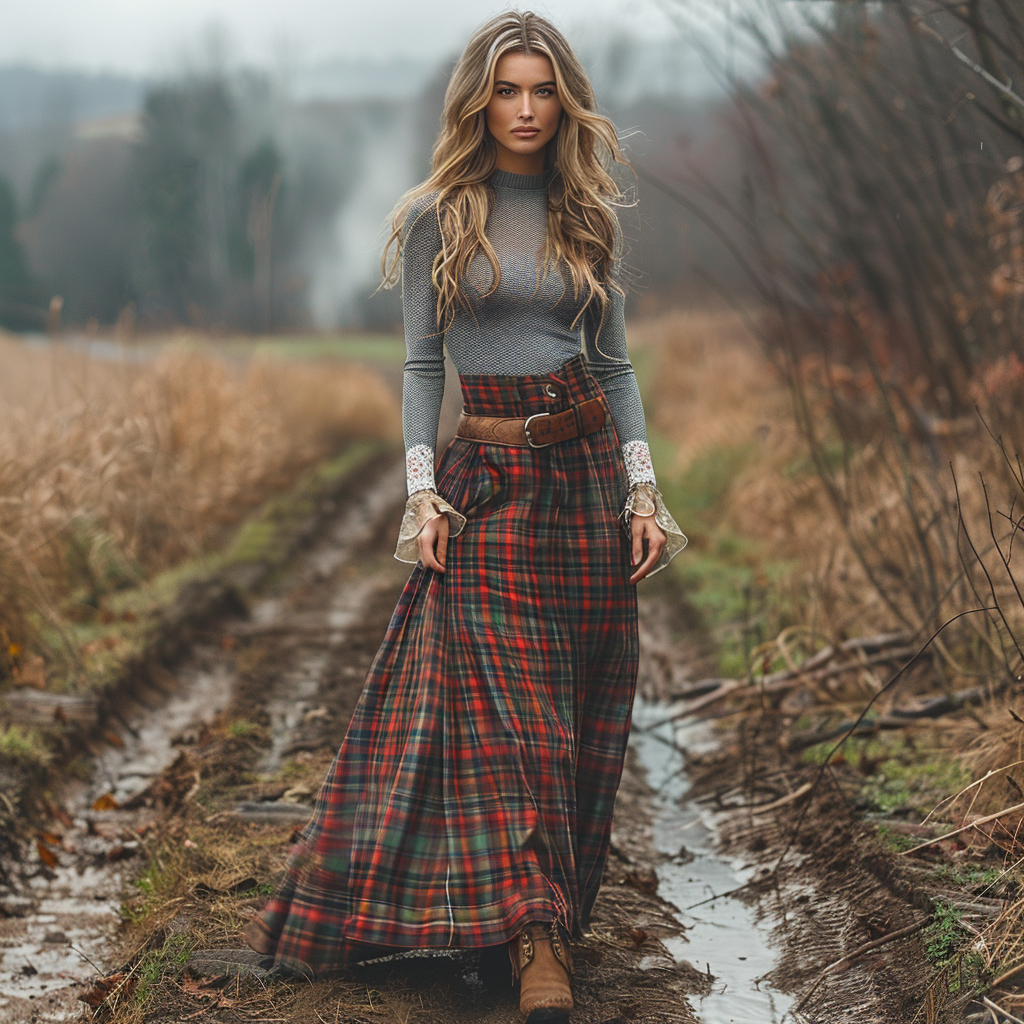 Women's Retro High Neck Long-sleeve Long Skirt Plaid Pastoral Style Maxi Long Dress