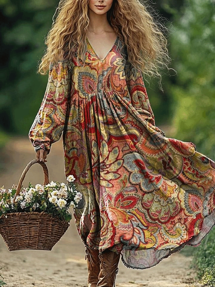 Women's Vintage Lovely Floral Art Print Pocket Cotton Dress