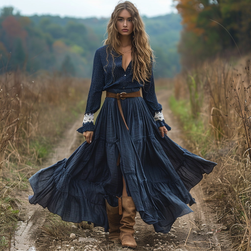 Women's Retro Pastoral Style Lace Long-sleeve Linen Maxi Long Dress