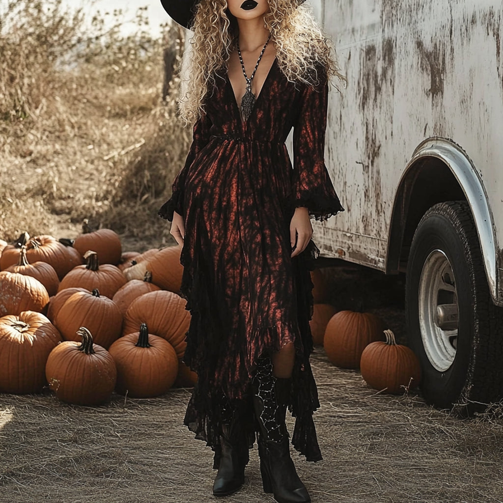 Women's Halloween Witch Style Tie-dye Long-sleeve Dress