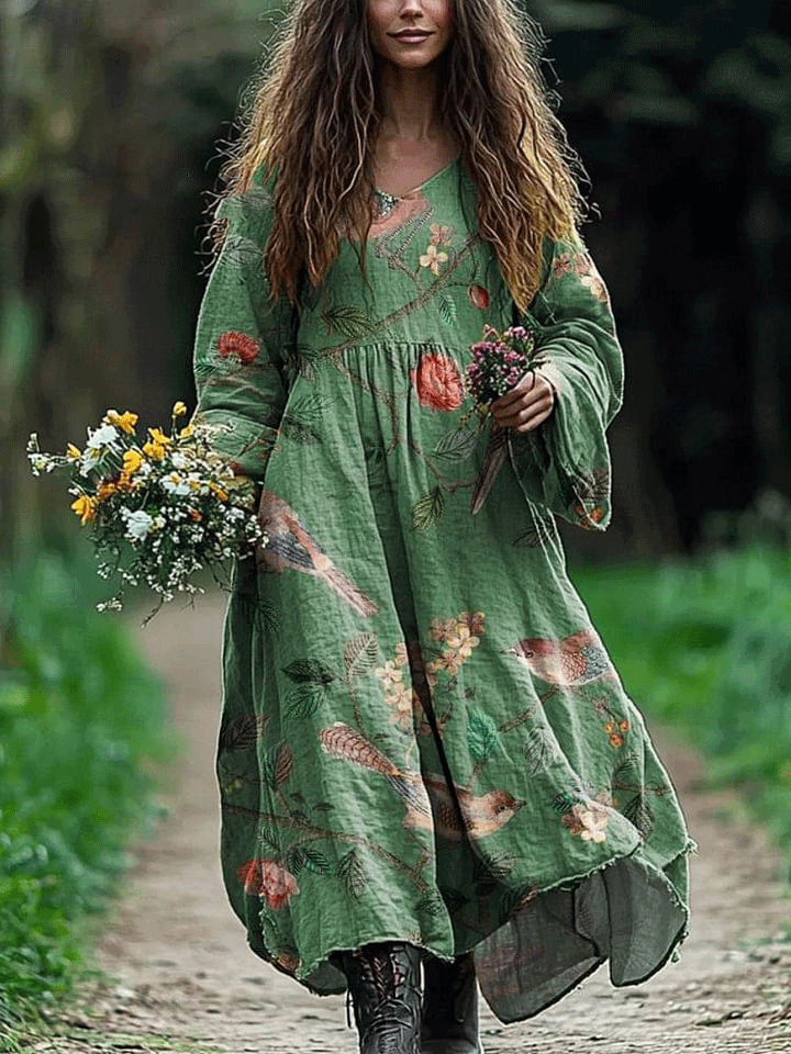 Women's Vintage Lovely Floral Birds Art Print Pocket Cotton Dress