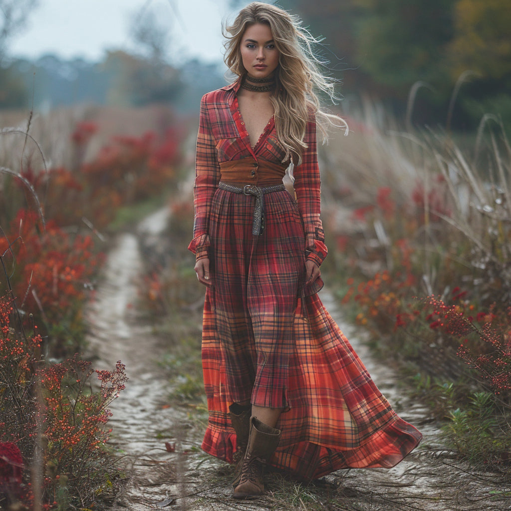 Women's Vintage V-neck Bohemian Pastoral Style Long-sleeve Maxi Long Dress