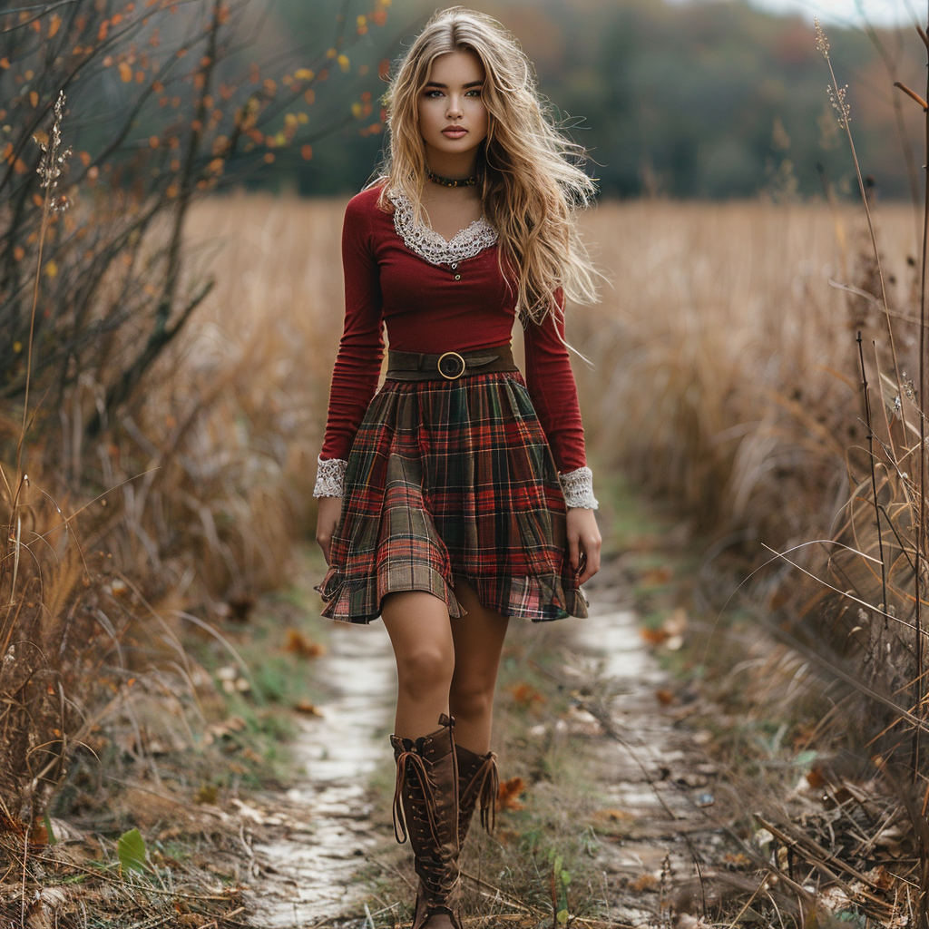 Women's Autumn And Winter Long-sleeve Dress Short Skirt Christmas Plaid Skirt