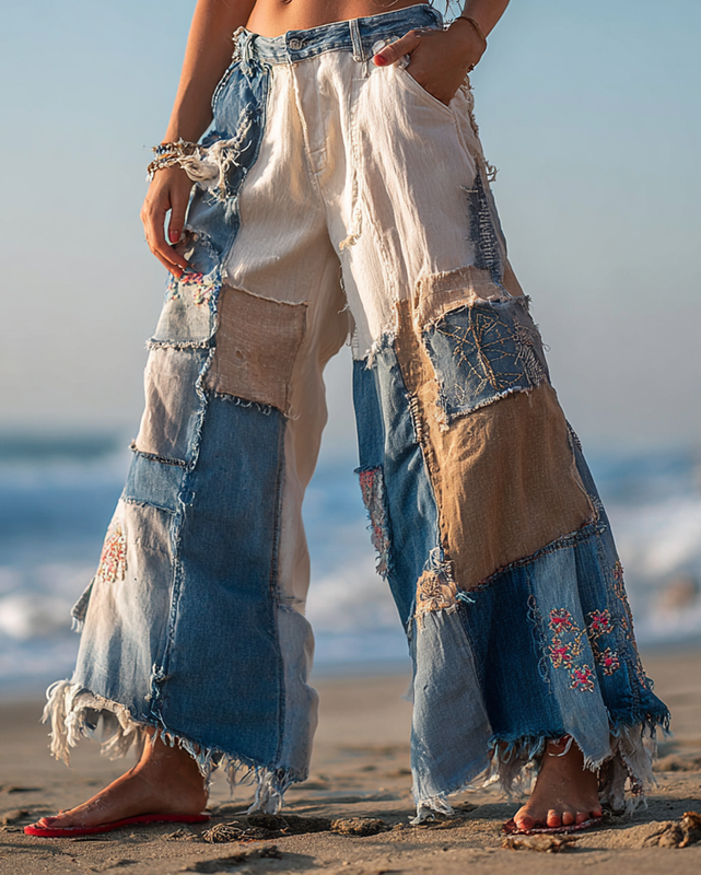 Summer Vacation Lace Handmade Floral Embroidery Pants e61c