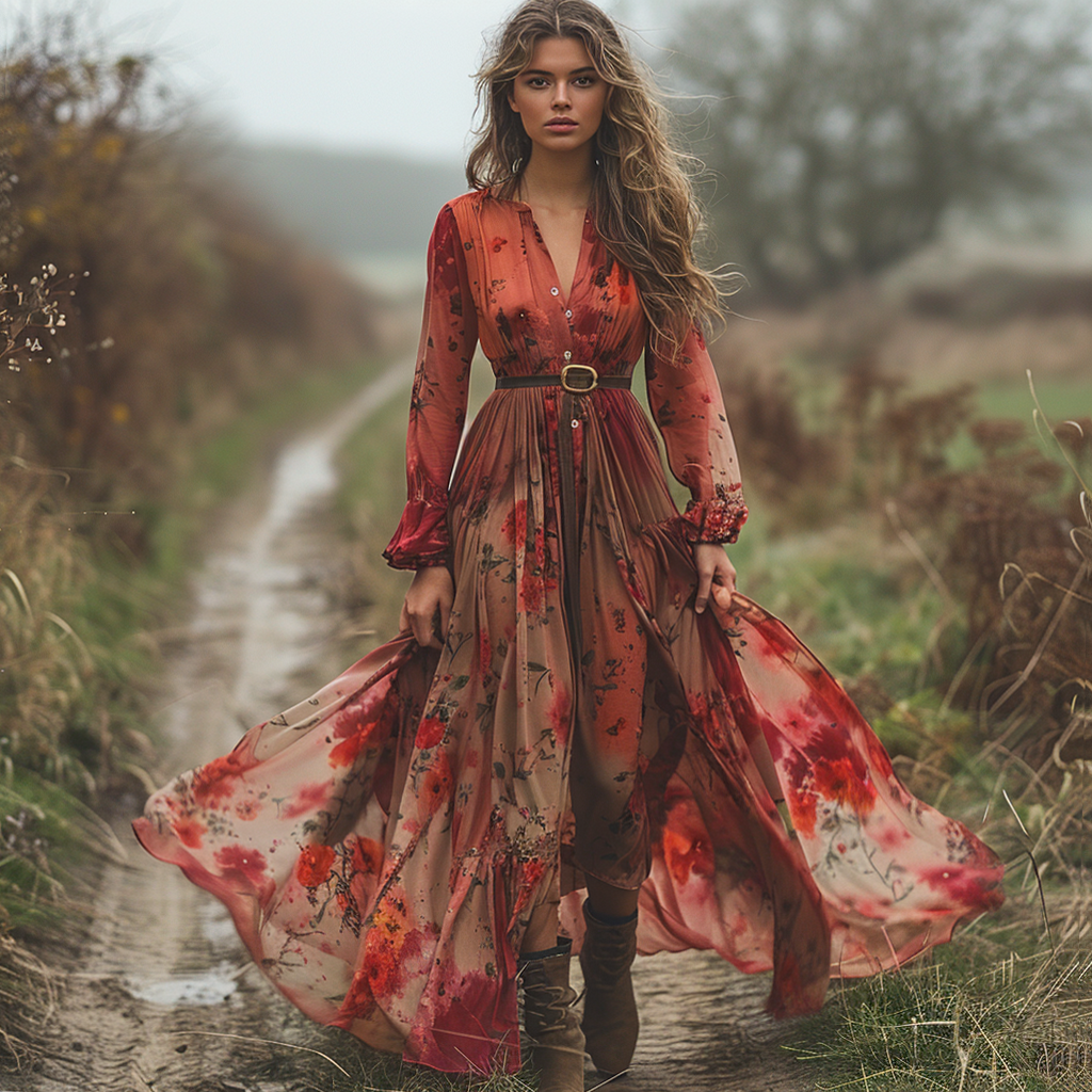 Women's Retro V-neck Floral Long-sleeve Bohemian Pastoral Style Maxi Long Dress