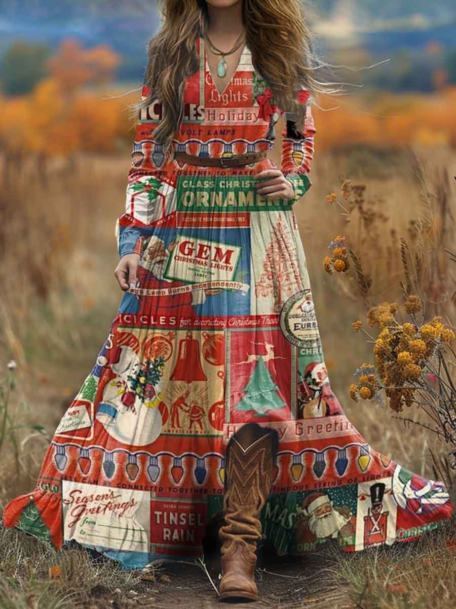 Women's Christmas Art Print Pocket V Neck Long Sleeve Dress