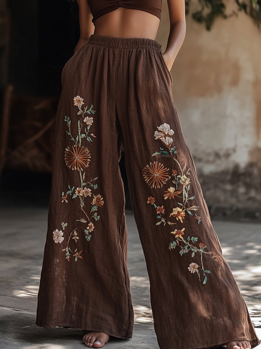 Women's Vintage Floral Embroidered Pattern Linen Blend Pants cdd0