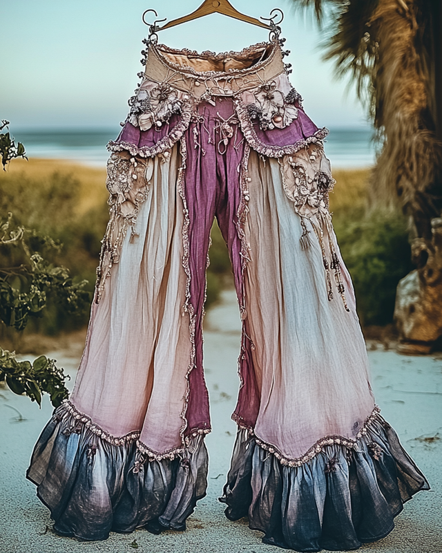 Summer Vacation Ruffle Lace Patchwork Pants e728