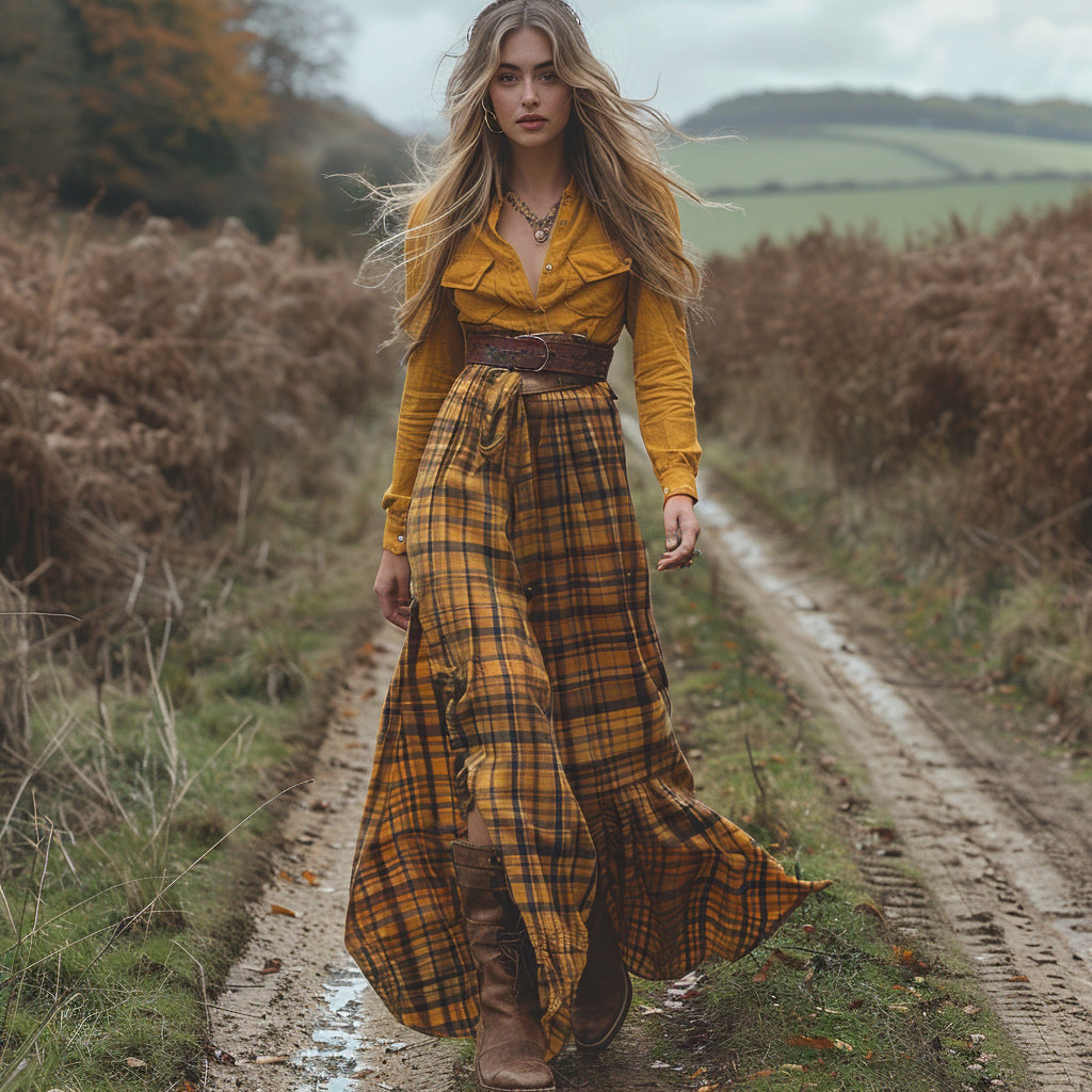 Women's Vintage V-neck Bohemian Pastoral Style Long-sleeve Maxi Long Dress