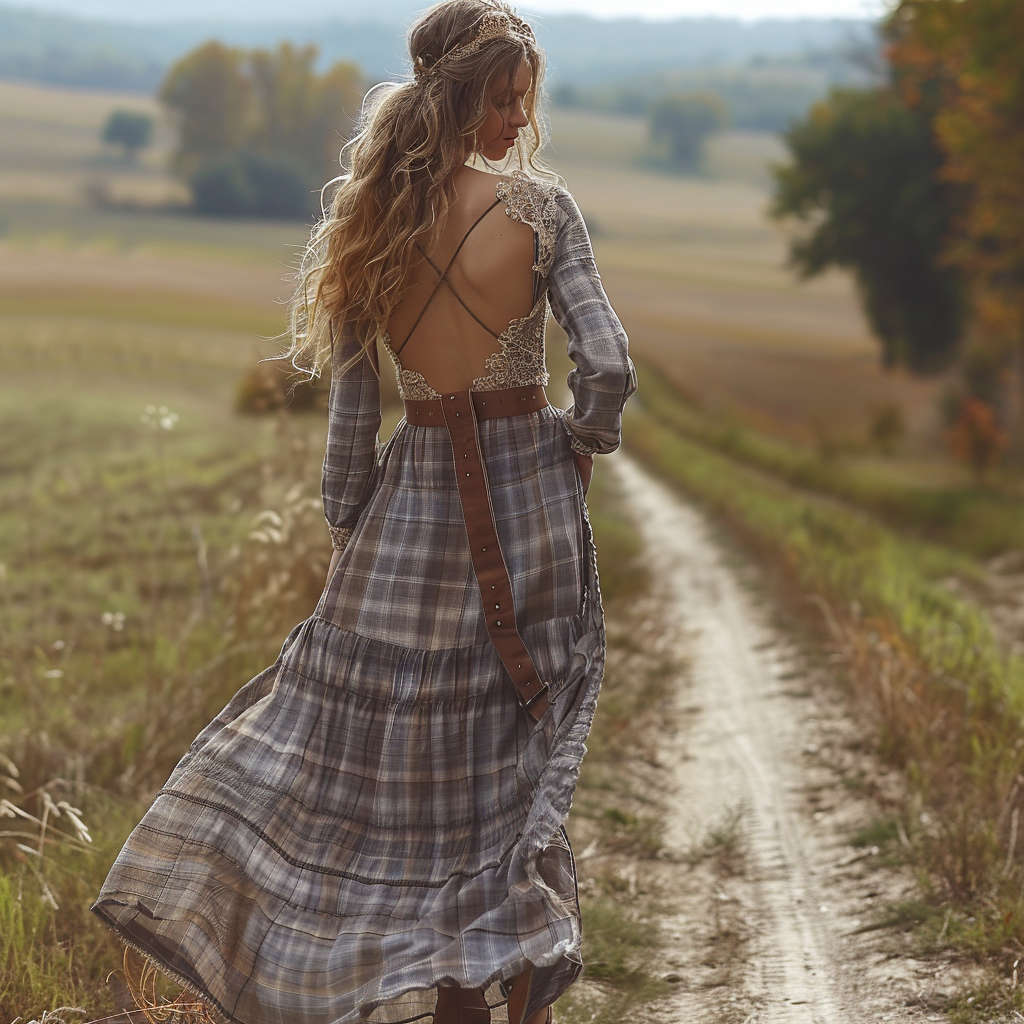 Women's Retro Pastoral Style Plaid Long-sleeve Sexy Maxi Long Dress