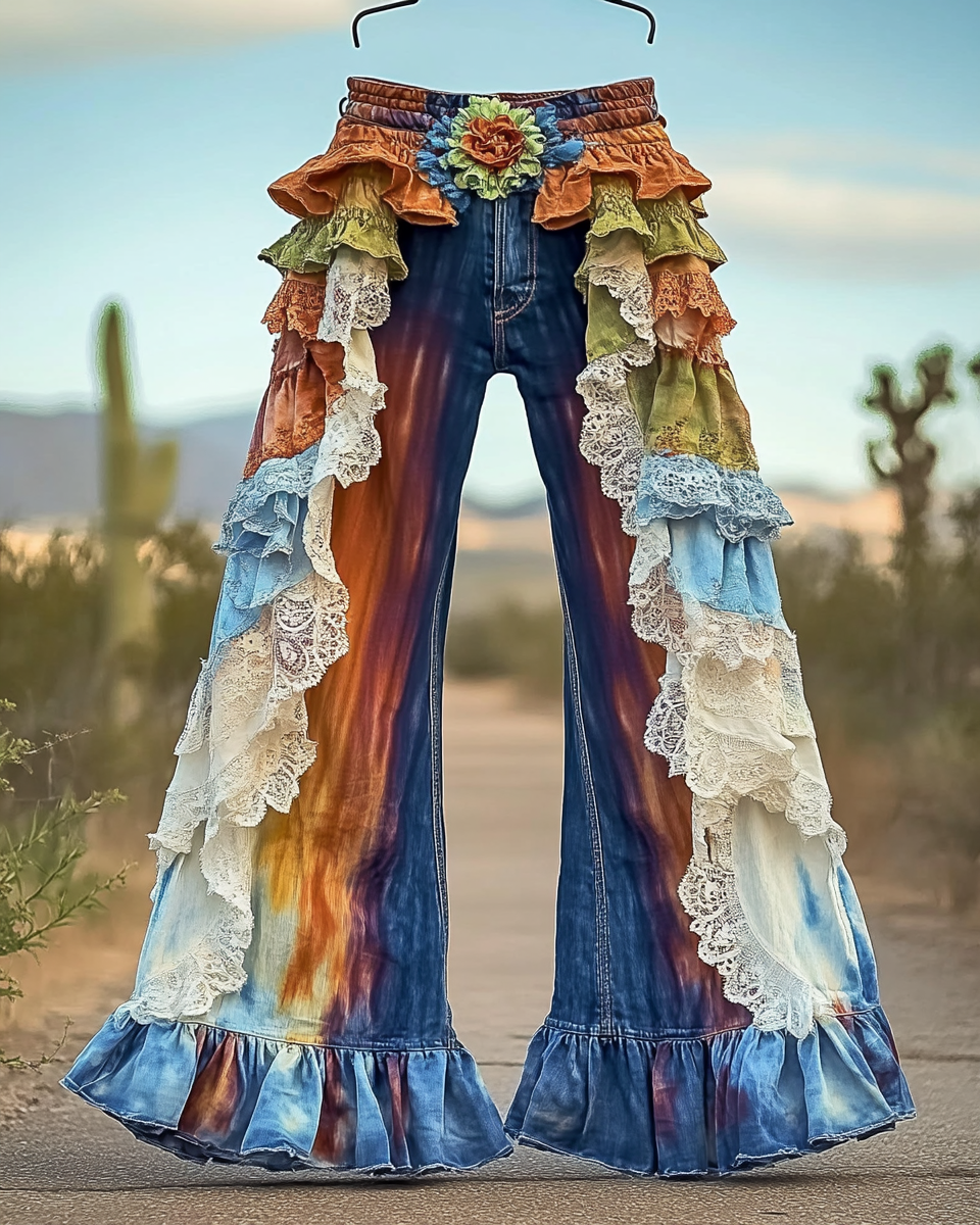 Summer ruffled denim cotton and linen patchwork contrast color pants 89fb