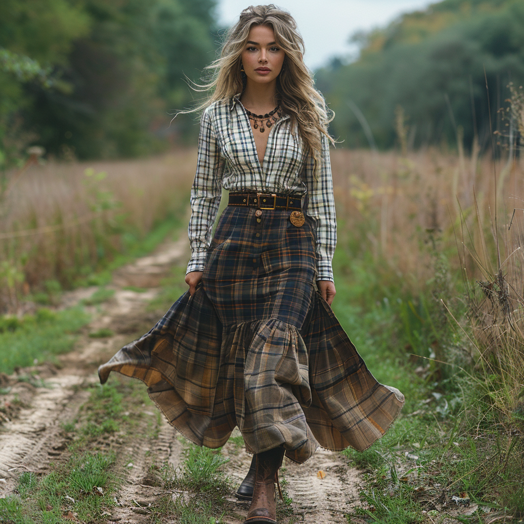 Women's Retro V-neck Plaid Long-sleeve Bohemian Pastoral Style Maxi Long Dress