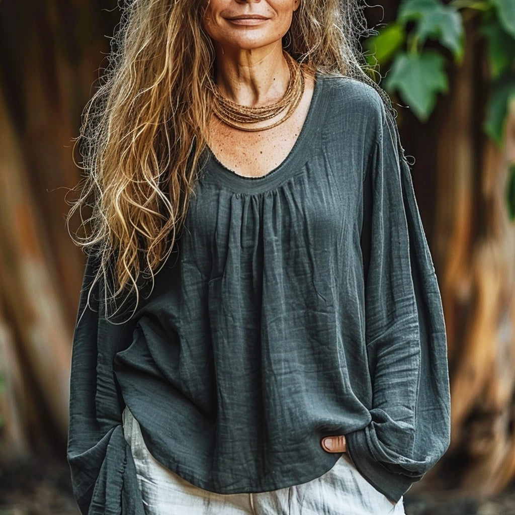 Women's Bohemian Linen Style Simple Basic Loose Long-sleeve Top Shirt