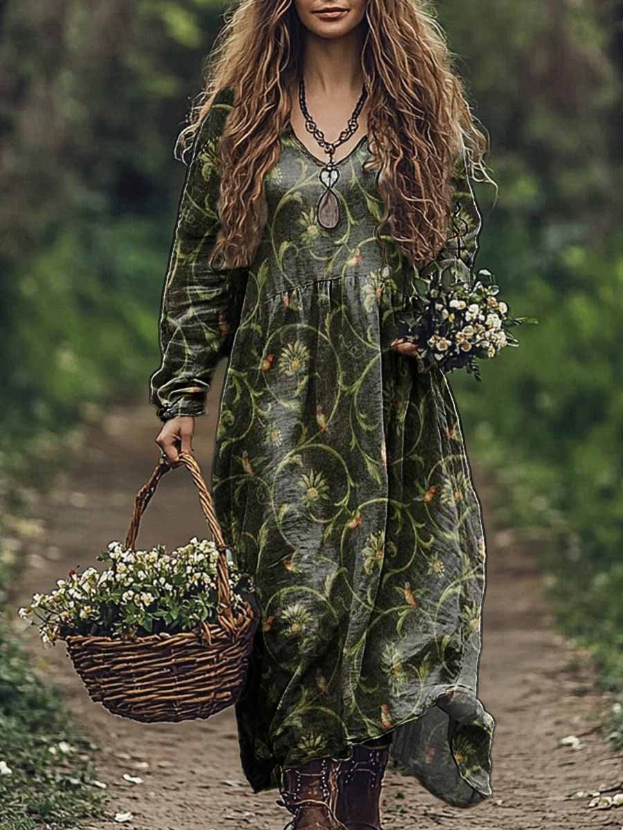 Women's Vintage Folk Art Print V Neck Pocket Cotton Dress