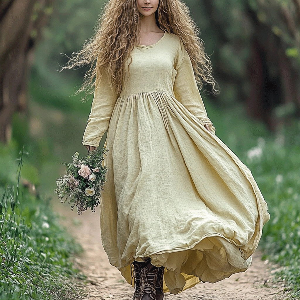 Women's Linen Bohemian Style Solid Simple Ethnic Long-sleeve Maxi Long Dress