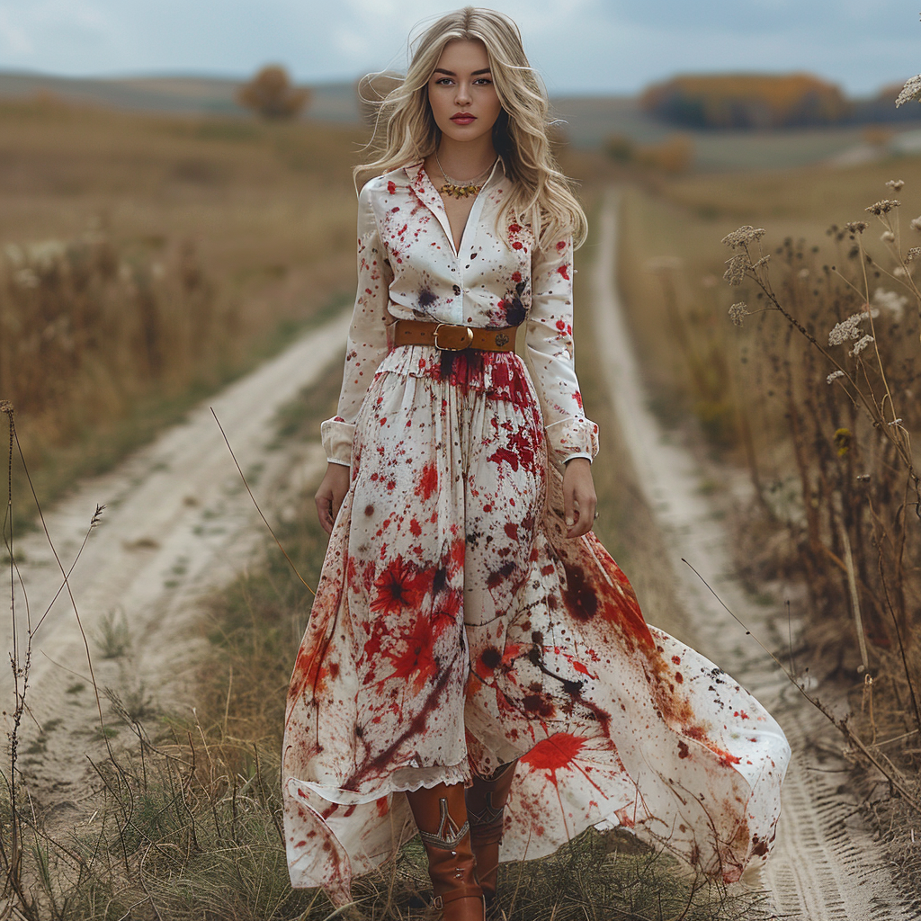 Women's Retro V-neck Pastoral Halloween Party Style Long-sleeve Maxi Long Dress
