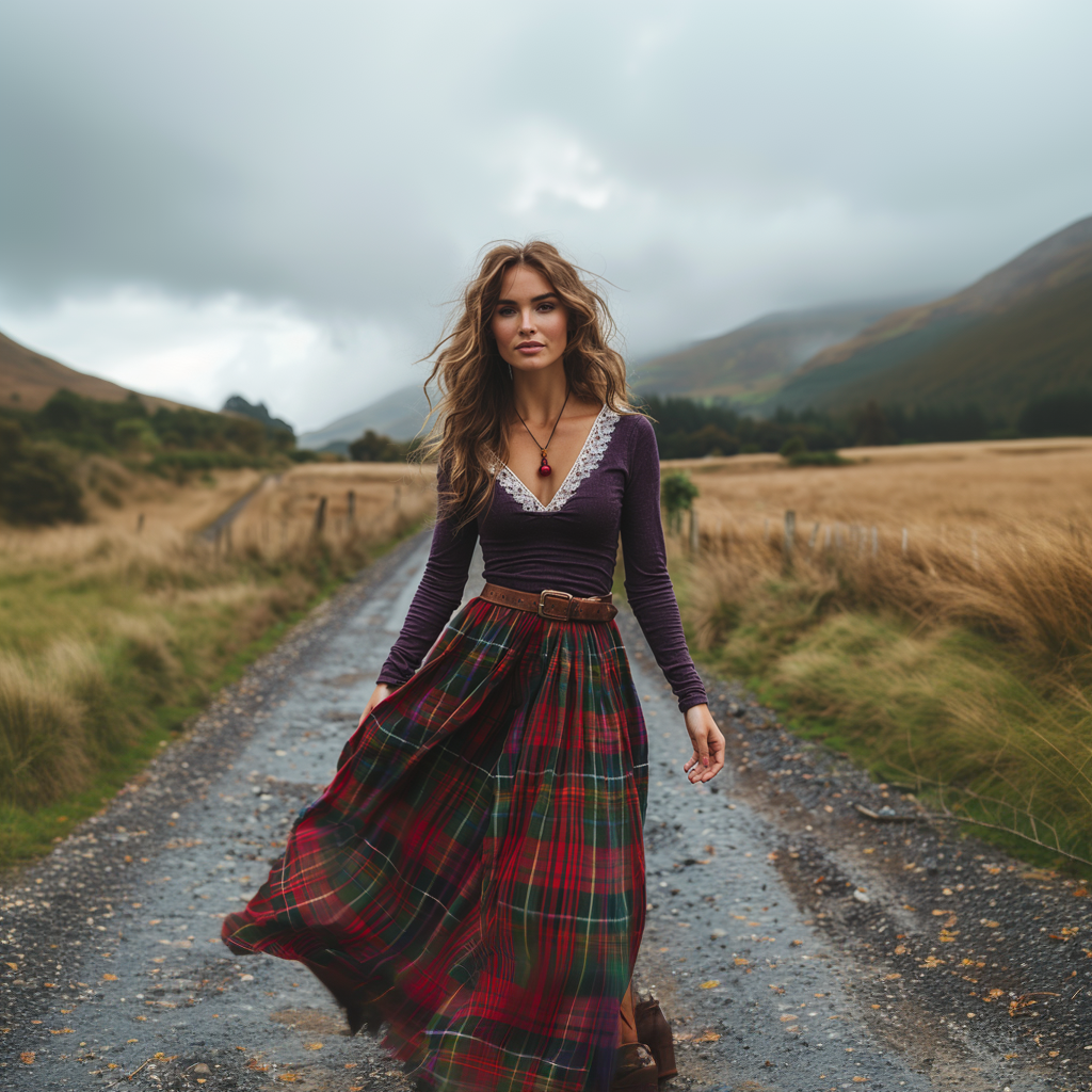 Women's Retro Plaid V-neck Long-sleeve Long Skirt Pastoral Style Maxi Long Dress