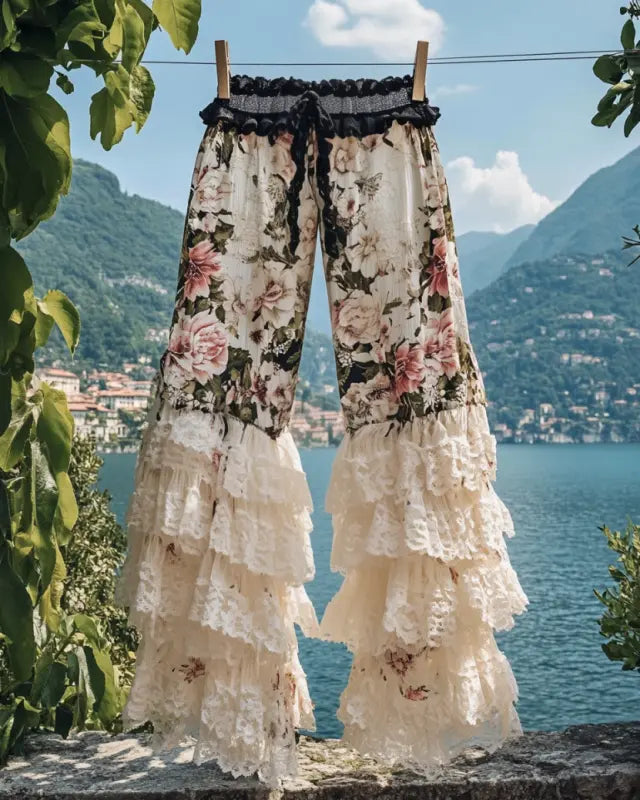 Summer ruffled cotton and linen patchwork contrast color pants 7349