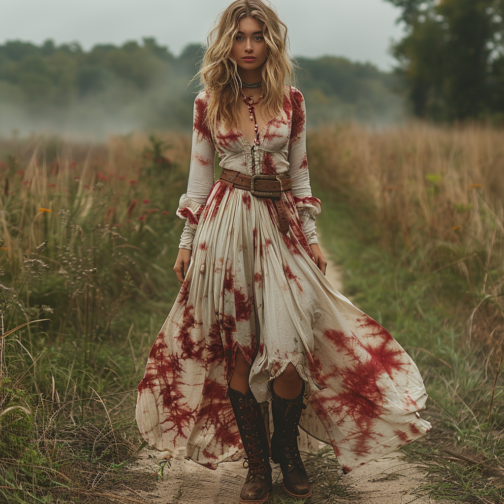 Women's Retro V-neck Linen Pastoral Halloween Style Long-sleeve Maxi Long Dress