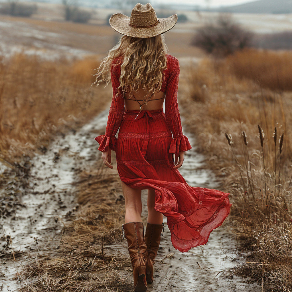 Women's Vintage V-neck Bohemian Pastoral Style Long-sleeve Maxi Long Dress