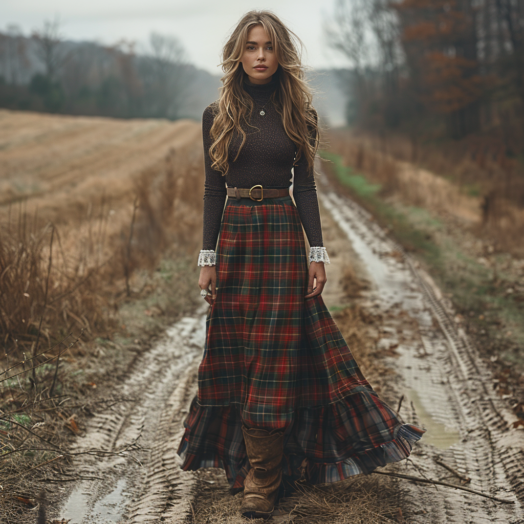 Women's Retro High Neck Long-sleeve Long Skirt Plaid Pastoral Style Maxi Long Dress