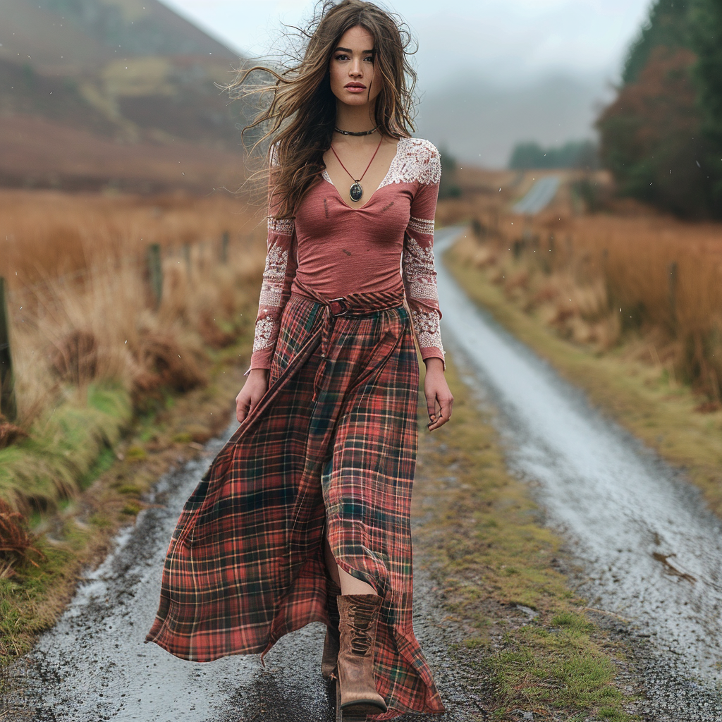 Women's Retro Plaid V-neck Long-sleeve Long Skirt Pastoral Style Maxi Long Dress