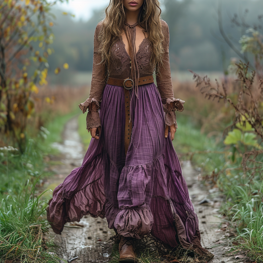 Women's Retro V-neck Country Pastoral Linen Style Long-sleeve Casual Maxi Long Dress