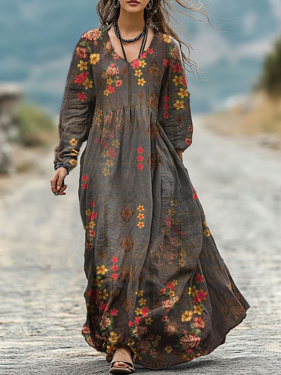 Women's Retro Flower Print Pocket Cotton Dress