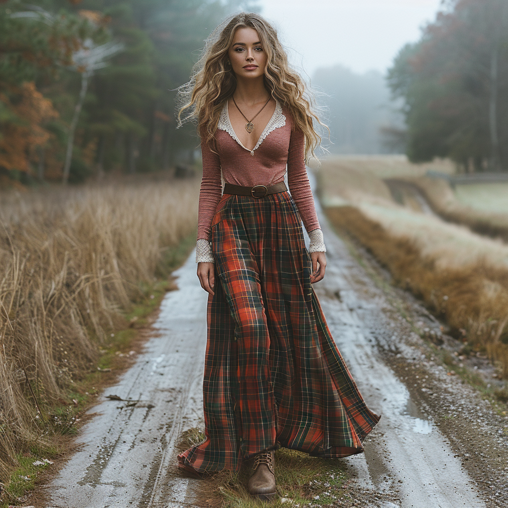 Women's Retro Plaid V-neck Long-sleeve Long Skirt Pastoral Style Maxi Long Dress