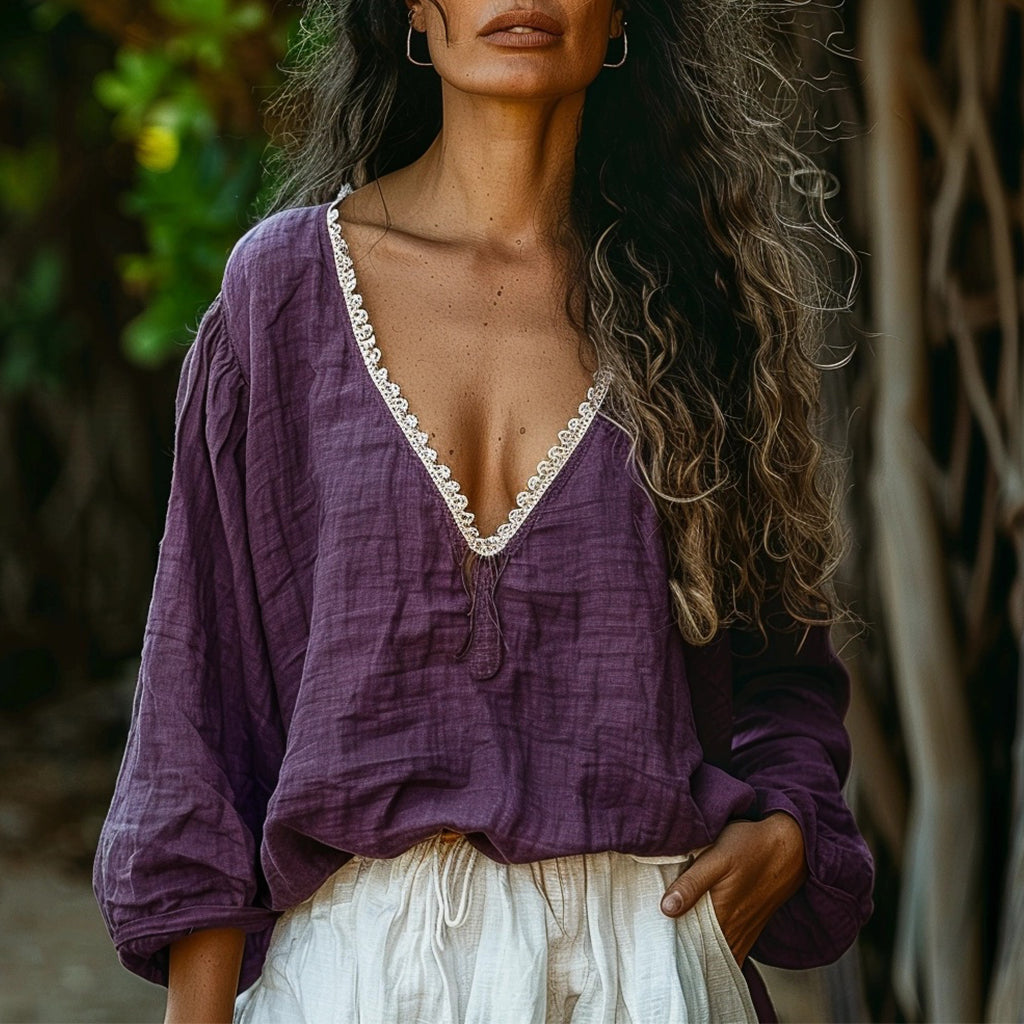 Women's Bohemian Linen V-neck Casual Loose Long-sleeve Top Shirt