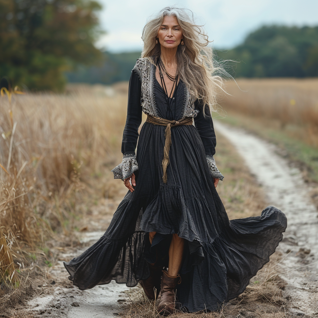Women's Vintage Pastoral Style V-neck Linen Long-sleeve Maxi Long Dress