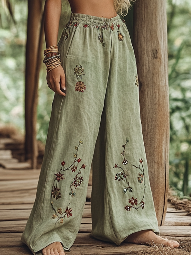 Bohemian Holiday Style Linen Bohemian Leaf Ethnic Totem Print Linen Long Loose Wide-leg Pants f86b