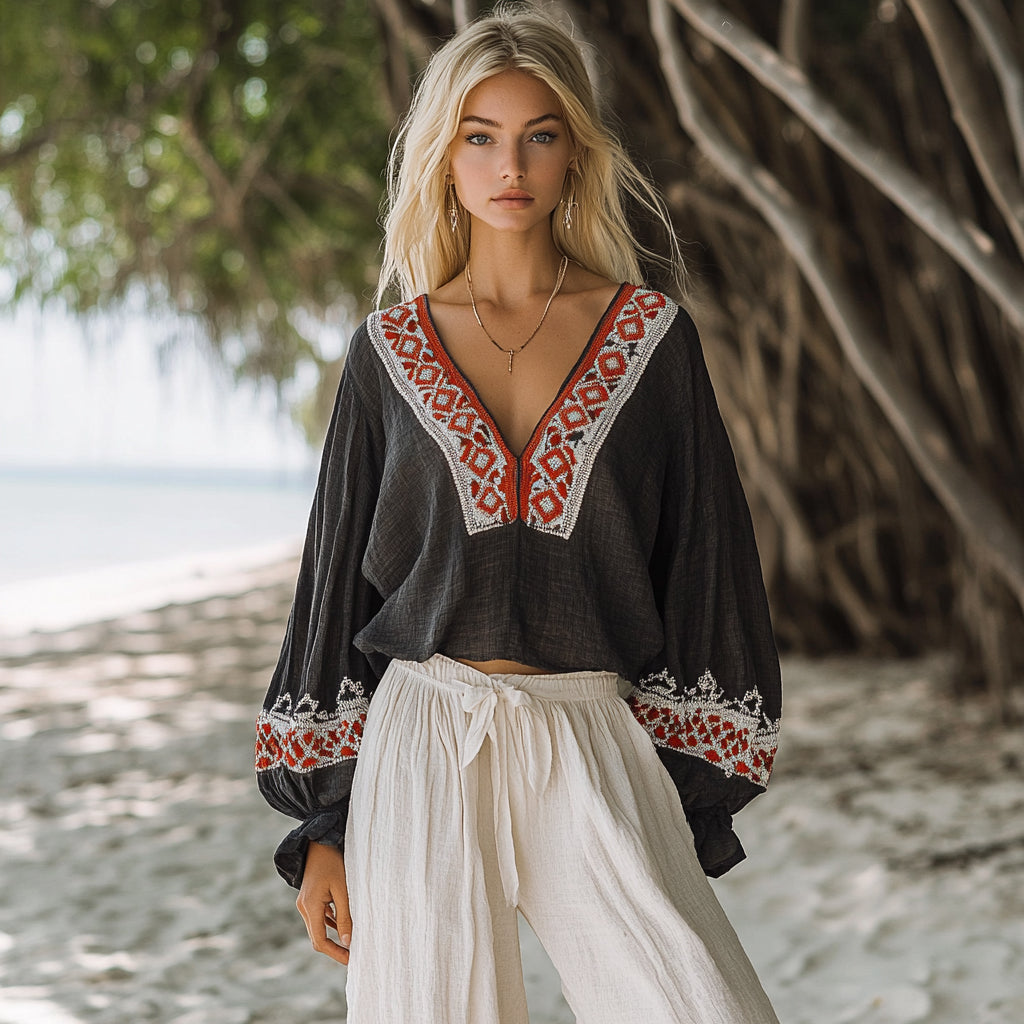 Women's Bohemian Ethnic Pattern Linen Style Casual Long-sleeved Top Shirt