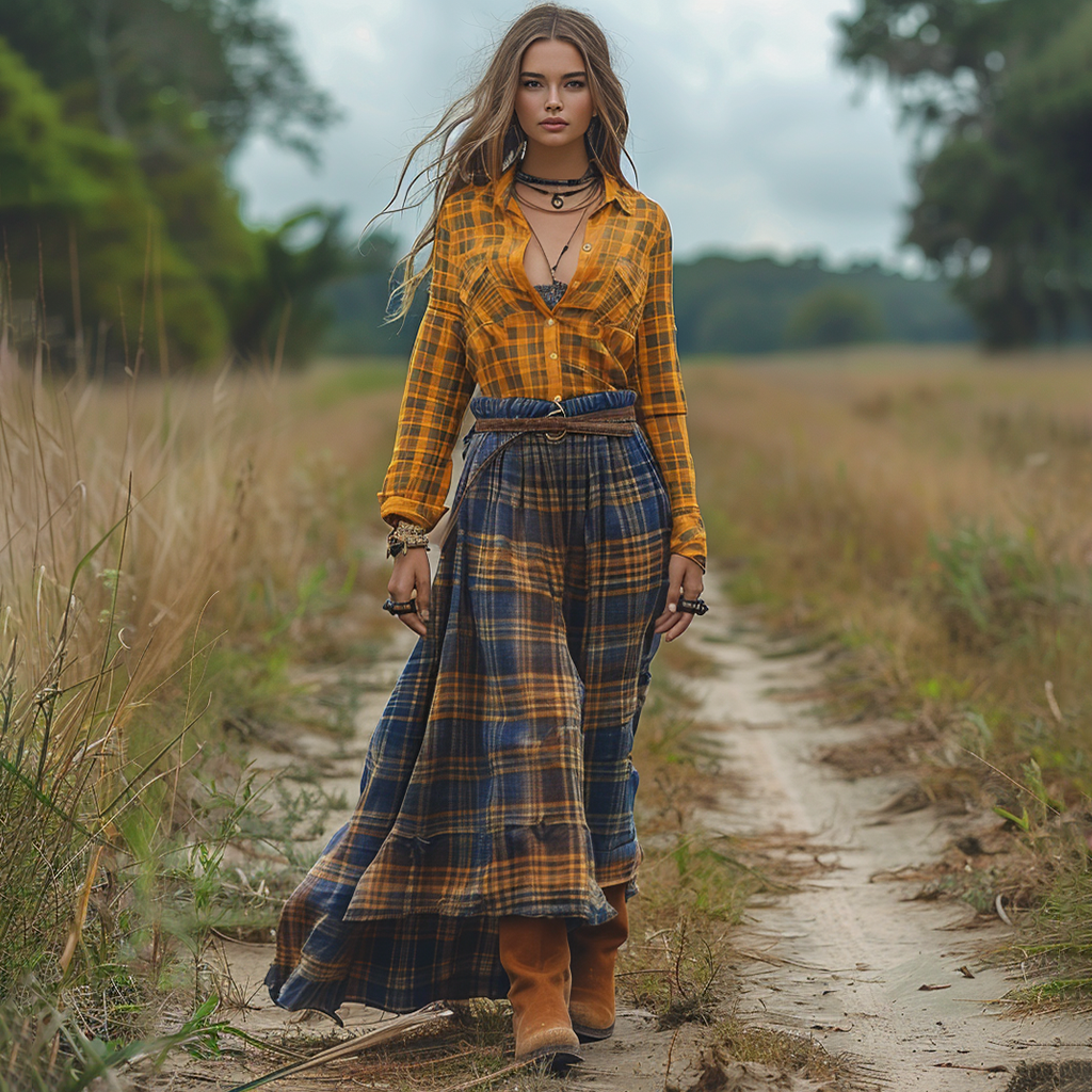 Women's Vintage V-neck Bohemian Pastoral Style Long-sleeve Maxi Long Dress
