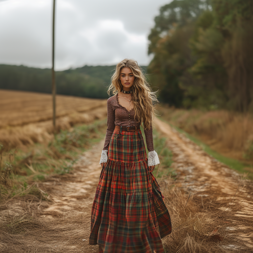 Women's Retro Plaid V-neck Long-sleeve Long Skirt Pastoral Style Maxi Long Dress