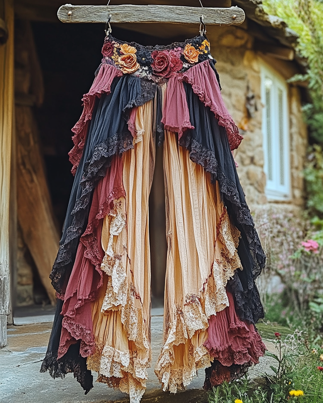 Summer ruffled cotton and linen patchwork contrast color pants c7ab