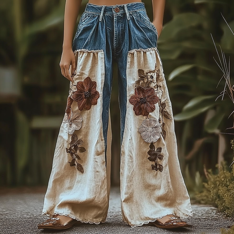 Vintage Loose Denim Patchwork Casual Pants 6947