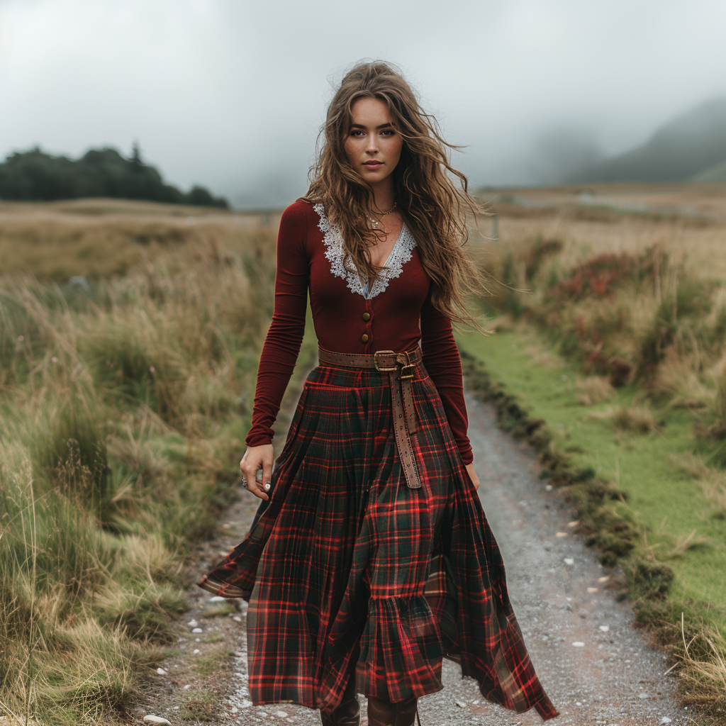 Women's Retro Plaid V-neck Long-sleeve Long Skirt Pastoral Style Maxi Long Dress