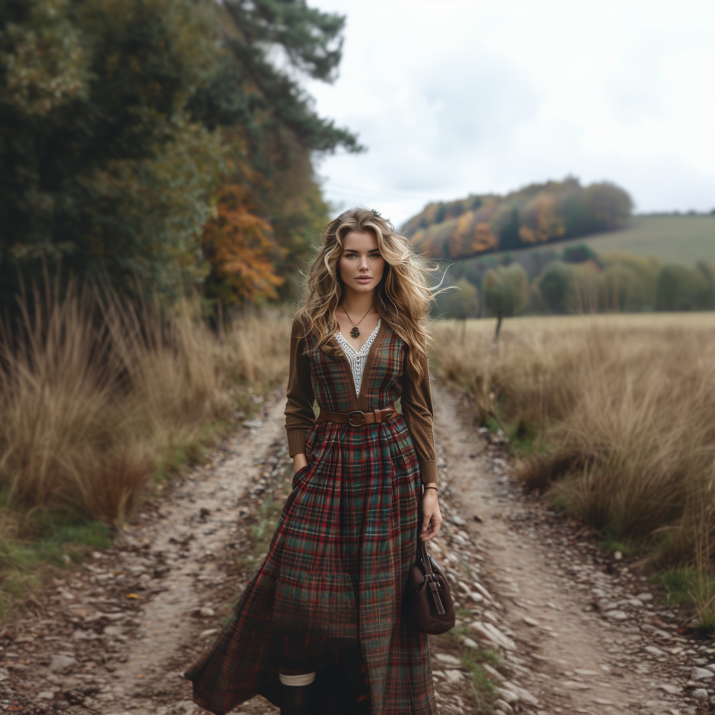 Women's Retro Plaid V-neck Long-sleeve Long Skirt Pastoral Style Maxi Long Dress
