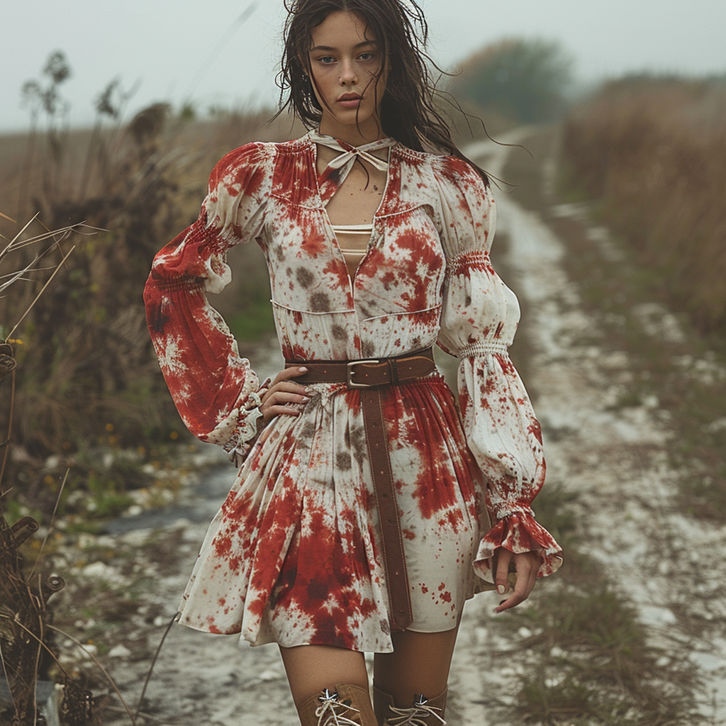 Women's Retro V-neck Tie Dye Pastoral Style Halloween Party Mini Short Dress