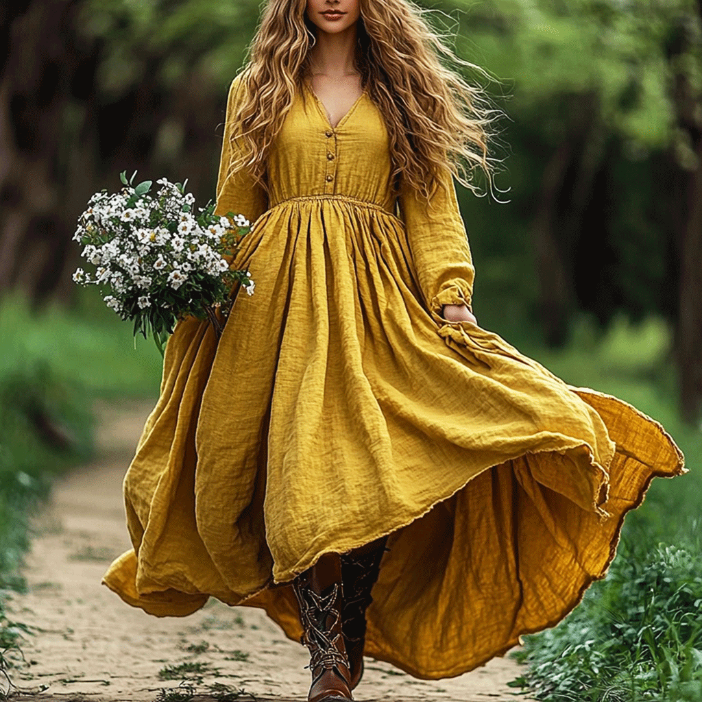 Women's Linen Bohemian Style Solid Casual Loose Long-sleeve Maxi Long Dress