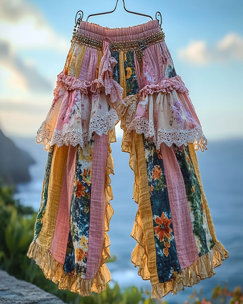 Summer ruffled denim cotton and linen patchwork contrast color pants 3993